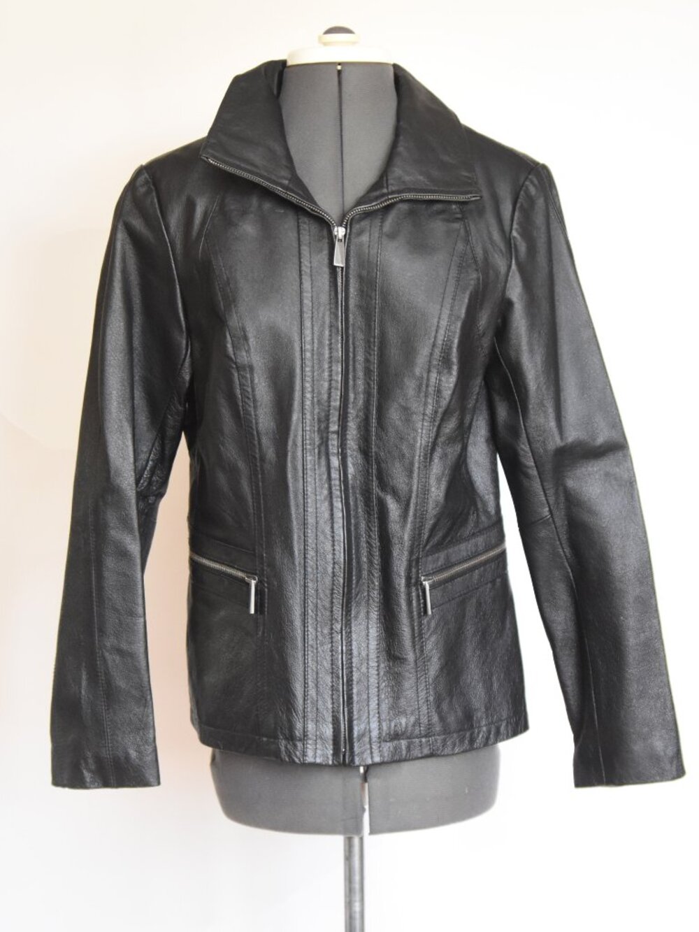 East 5th Black Genuine Leather Jacket Size Small Full Zip Stand Up Collar Small
